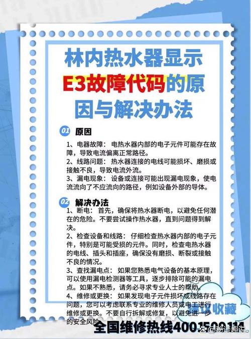 以下几个疑问句标题可供选择，，热水器故障显示 e3 代码应如何处理？，遇到热水器 e3 故障代码该怎样解决？，热水器出现 e3 代码时该如何处理呢？